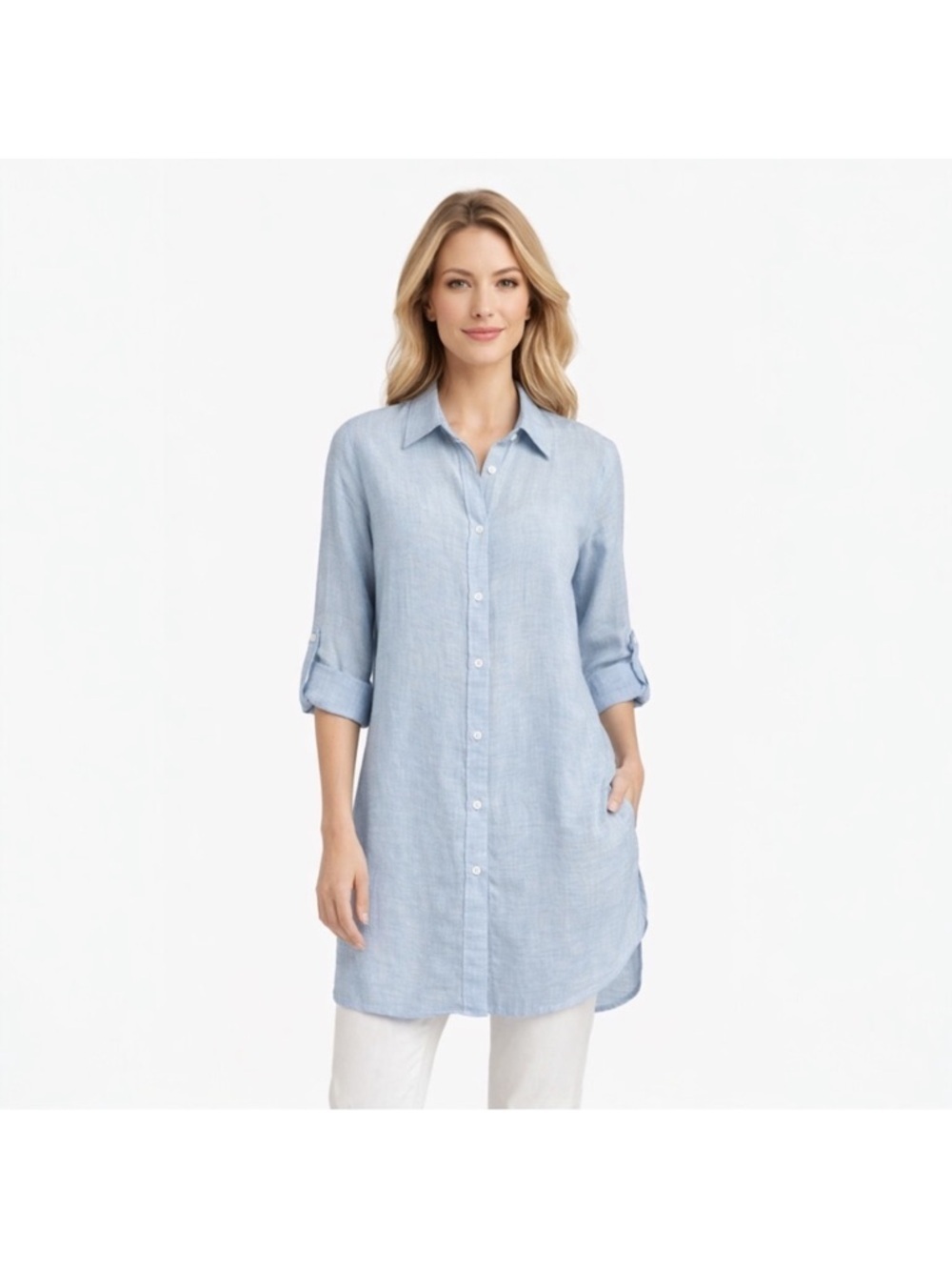 Tahari 100% Linen Tunic Button Up Shirt
Blue Roll Tab Sleeve L